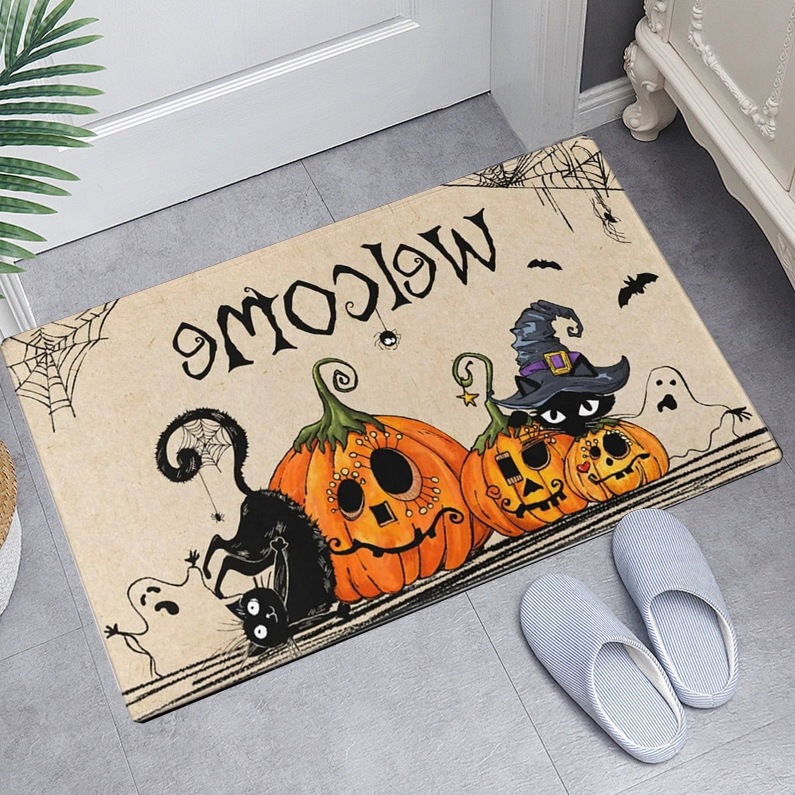 TOPRenddon Happy Halloween Door Mat, Front Door Mat Non Slip, Welcome Skull Ghost Yard Floor Doormat Kitchen Entry Outdoor Indoor Entrance
