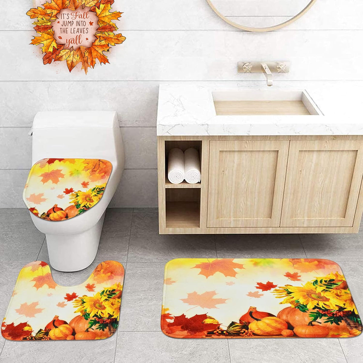 FRAMICS 16-Piece Fall Shower Curtain Sets with Rugs, Maple Leaves Pumpkin Bathroom Sets, Waterproof Fabric Bathroom Curtain Decor with Hooks