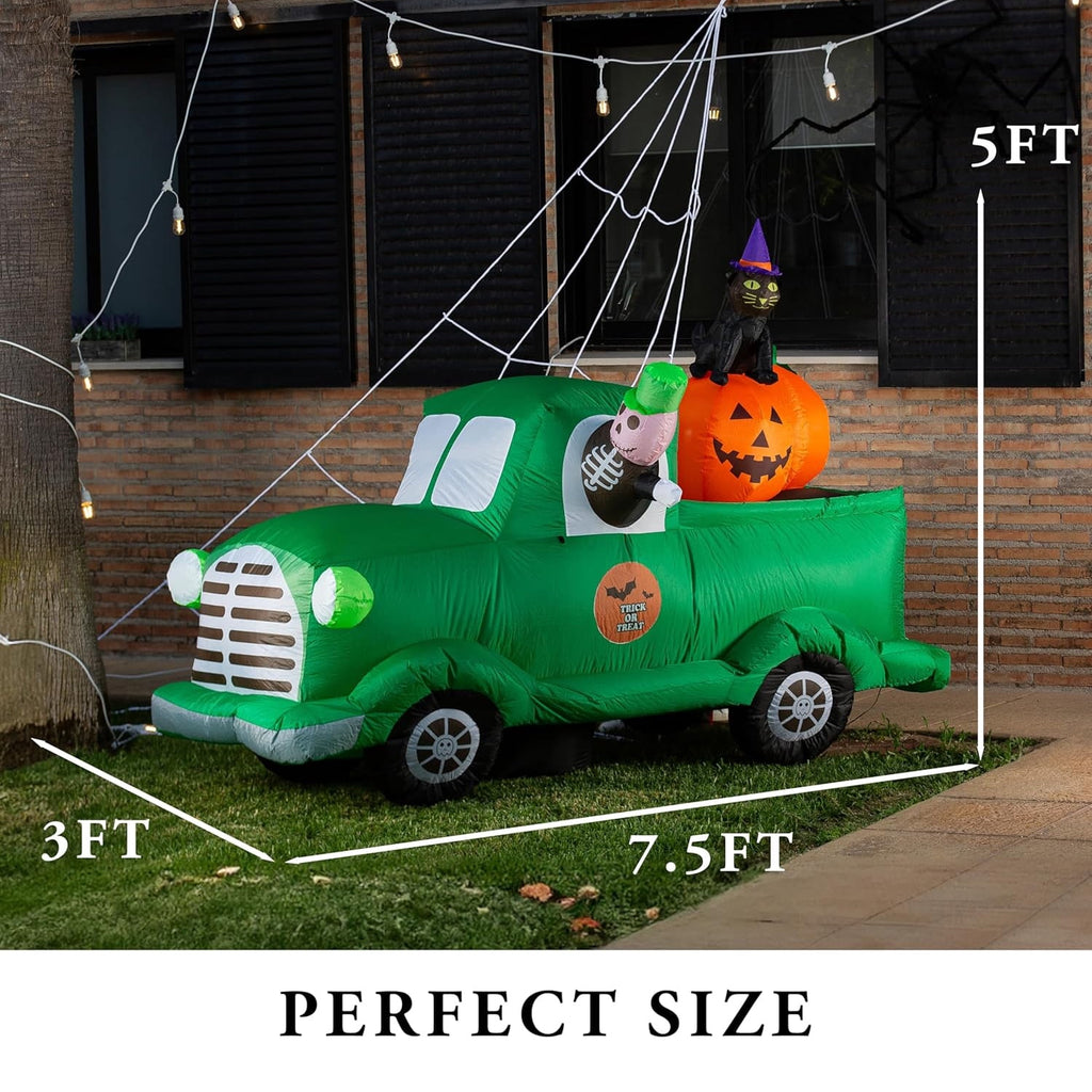 Zone Tech 7.5Ft Long Inflatable Ghost Car LED Lights Decor Halloween Outdoor Indoor Holiday Decorations : Giant Lawn Inflatable Garden Party Decoration and Halloween Blow up Green Car Yard Décor