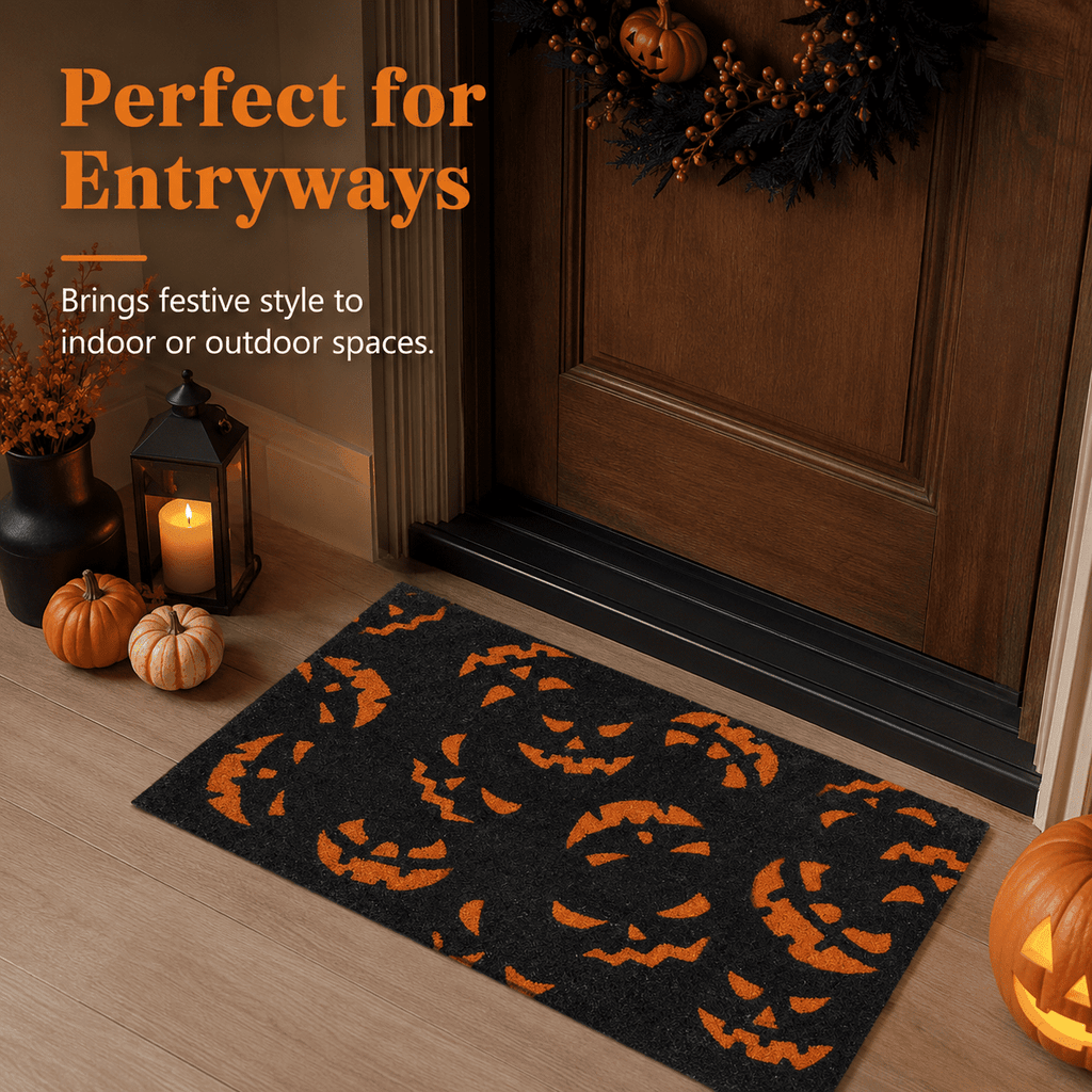 Doormat with Black and Orange Pumpkin Face Pattern, Durable Fiber Material for Outdoor Porch Front Door, Festive Halloween Decor,40 x 60 cm