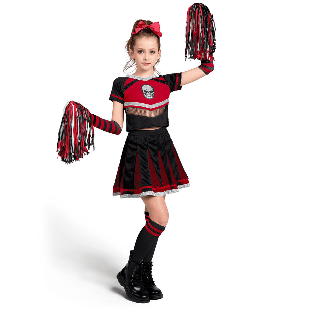 Joyfy Cheerleader Costume for Girls, Bad Spirit Costume for Kids, Skull Scary Outfit with Accessories for Halloween Party Cosplay
