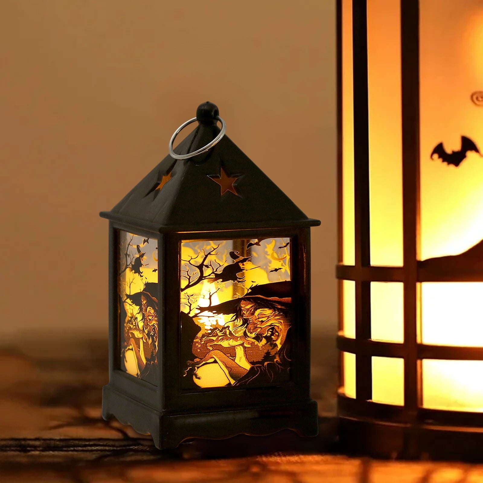 Halloween LED Lanterns with Spooky Skeleton, Owl, Bat, Castle & Flame Designs – Battery Operated Hanging Lights for Indoor/Outdoor Halloween Party Decor (C)