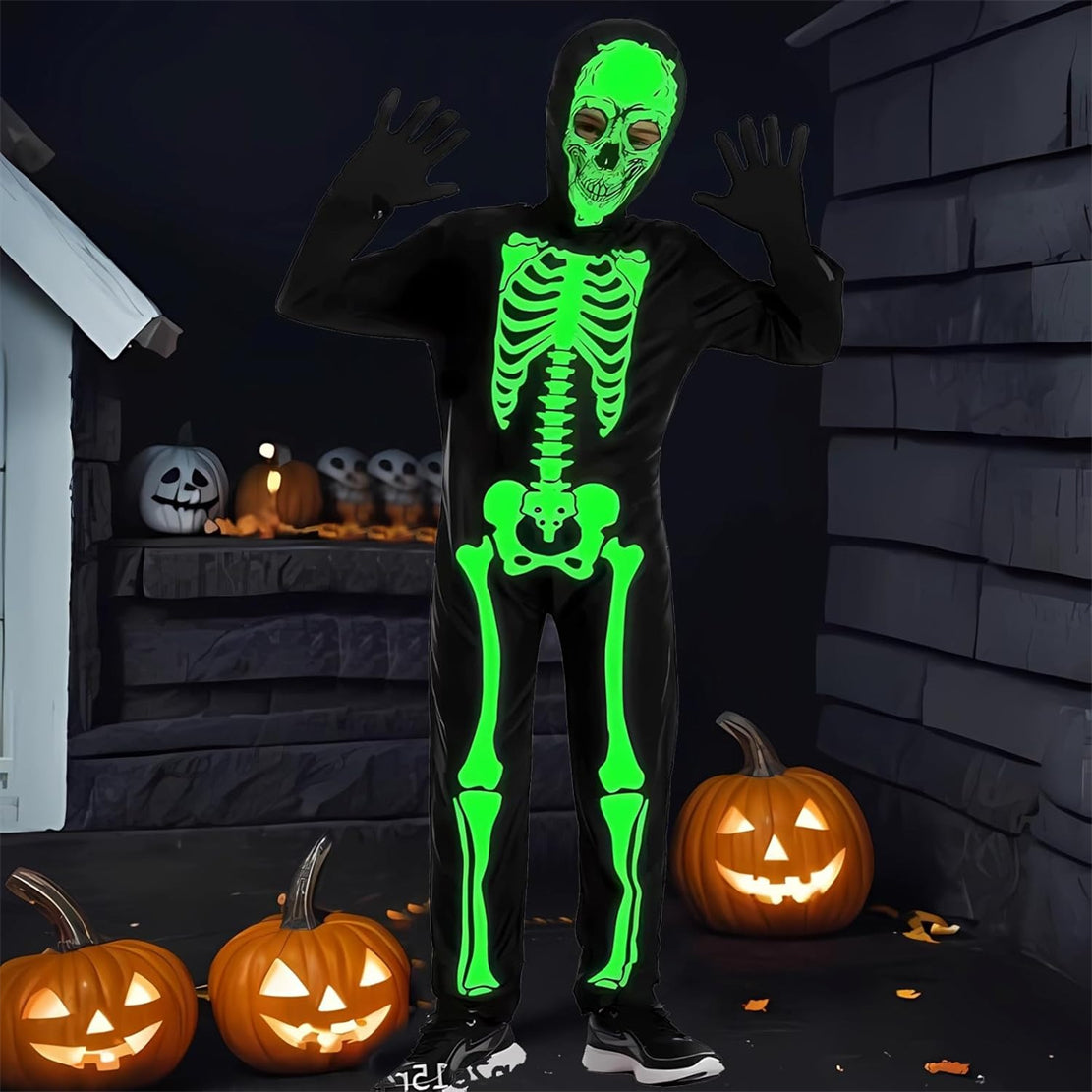 WIBACKER Kids Skeleton Halloween Costume, Glow in The Dark Halloween Cosplay Onesie for Boys and Girls, Jumpsuit + Gloves + Hood Mask