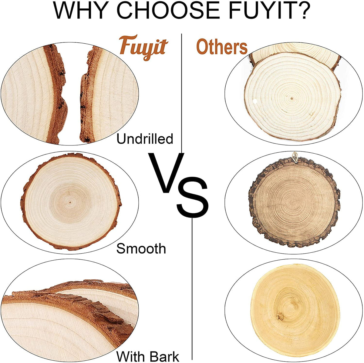 Fuyit Wood Slices 6 Pcs 6-6.3 inches Unfinished Natural Tree Slice Wooden Circle with Bark Log Discs for DIY Arts and Craft Wedding Christmas Ornaments