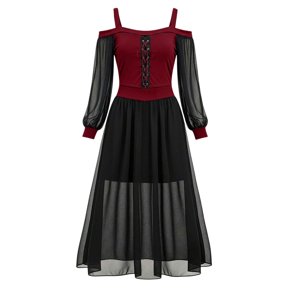 JOANKDMI Women's Gothic Midi Dress Elegant Vampire Costume Cold Shoulder Sheer Long Sleeve Lace-up Corset for Roleplay Halloween Party Outfit Chic, S-3XL
