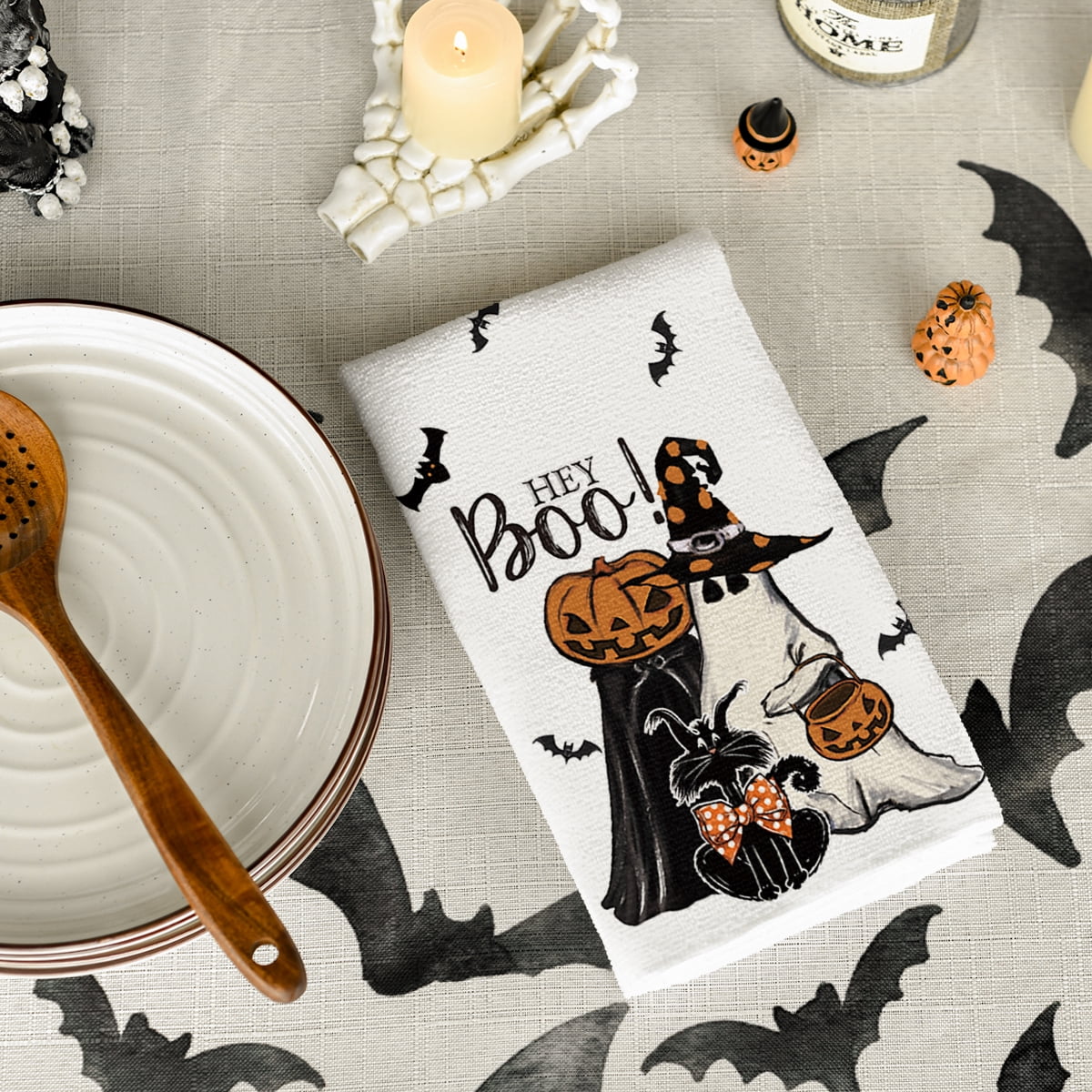 Sm:)e Spooky Pumpkin Ghost Boo Bat Halloween Kitchen Dish Towels 2 Set 18 x 26 inch