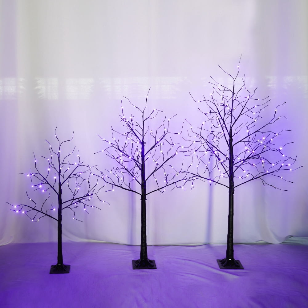 3-Pack Black Adjustable Branches Trees with Purple LED Lights, 4FT 5FT 6FT Pre-Lit Spooky Tree Set for Indoor Halloween Christmas Decor