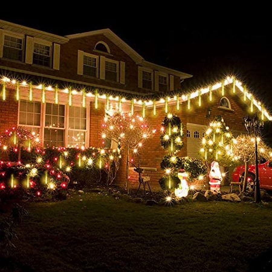 Morttic Meteor Shower Lights, Outdoor Falling Rain Lights 12 inch 8 Tube 192 LED Snow Falling Icicle Cascading Lights for Xmas Tree Halloween Decoration Wedding Party, Warm White