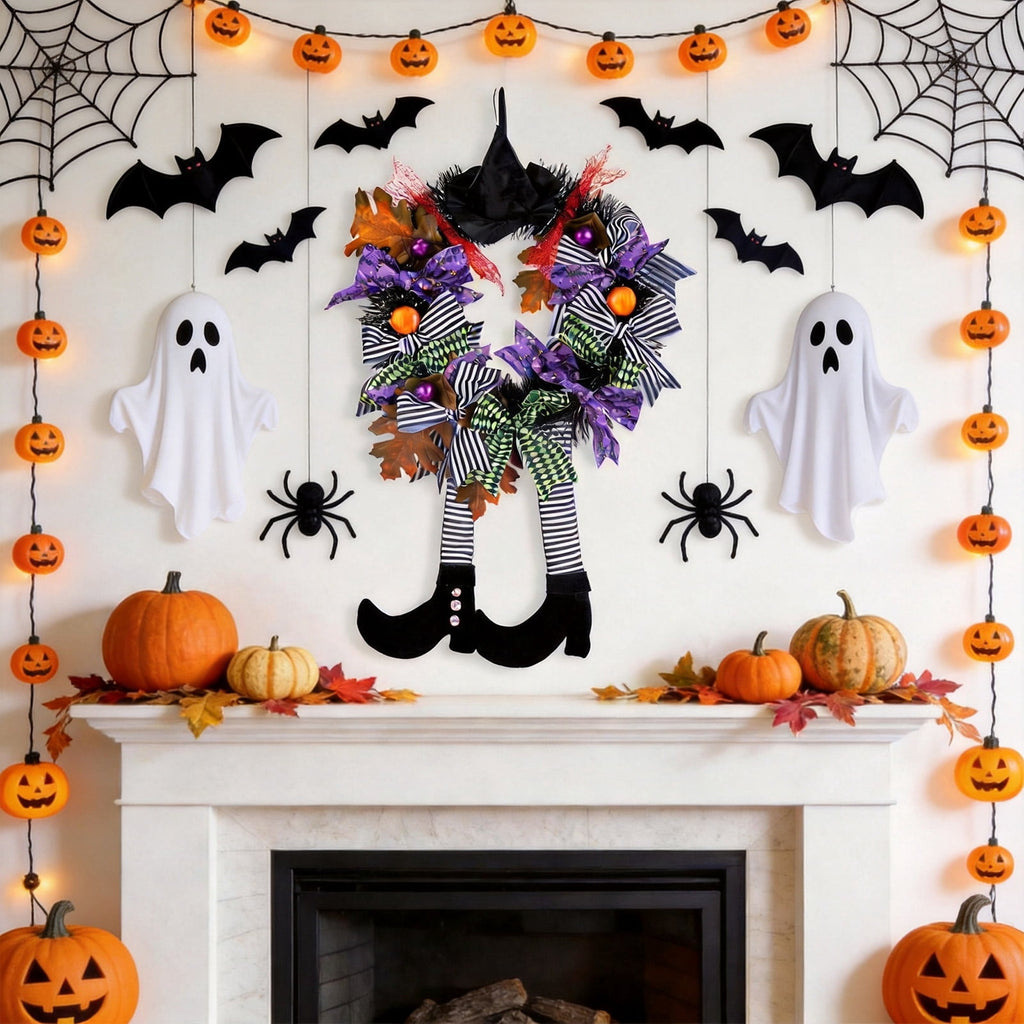 AGCAN Halloween Wreaths for Front Door, 17 Inch Pre-Lit Halloween Wreaths with Bats & Deadwood, Halloween Decorations for Door,Porch,Window,Indoor and Outdoor Decor