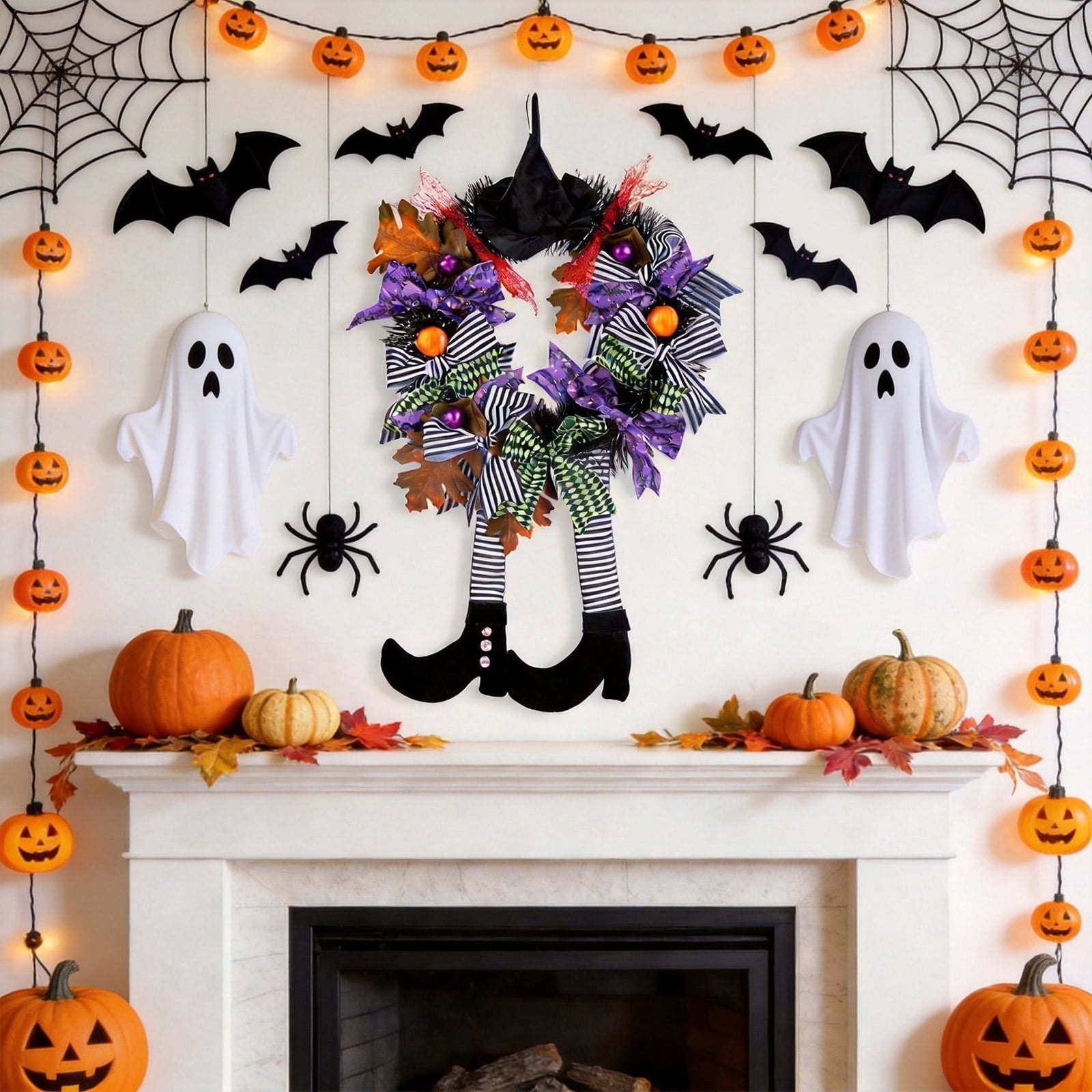 AGCAN Halloween Wreaths for Front Door, 17 Inch Pre-Lit Halloween Wreaths with Bats & Deadwood, Halloween Decorations for Door,Porch,Window,Indoor and Outdoor Decor