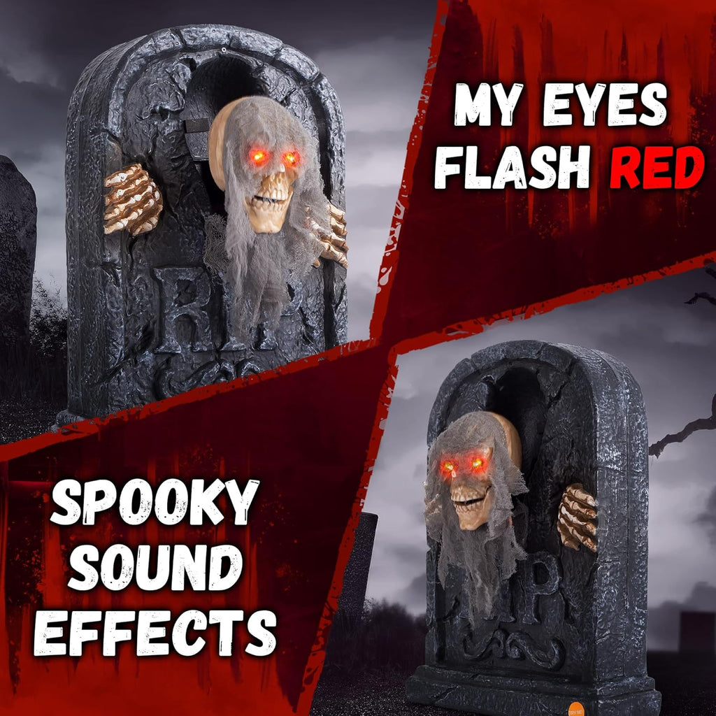 ELAMAS Halloween Animated Zombie Tombstone - Animatronic Skeleton Decorations with Sensor Activated, Creepy Voice, Spooky Skull head, Light Up Eyes, Scary Motion, Horror Prop for Indoor/Outdoor