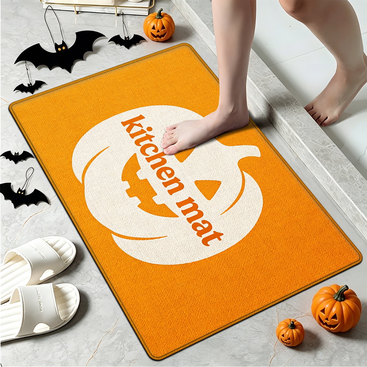 YIMEIS Halloween White Pumpkin Multi-purpose 3-Piece Flannel Mat and Kitchen Rugs,Soft Non-slip for Home Bedroom Bathroom