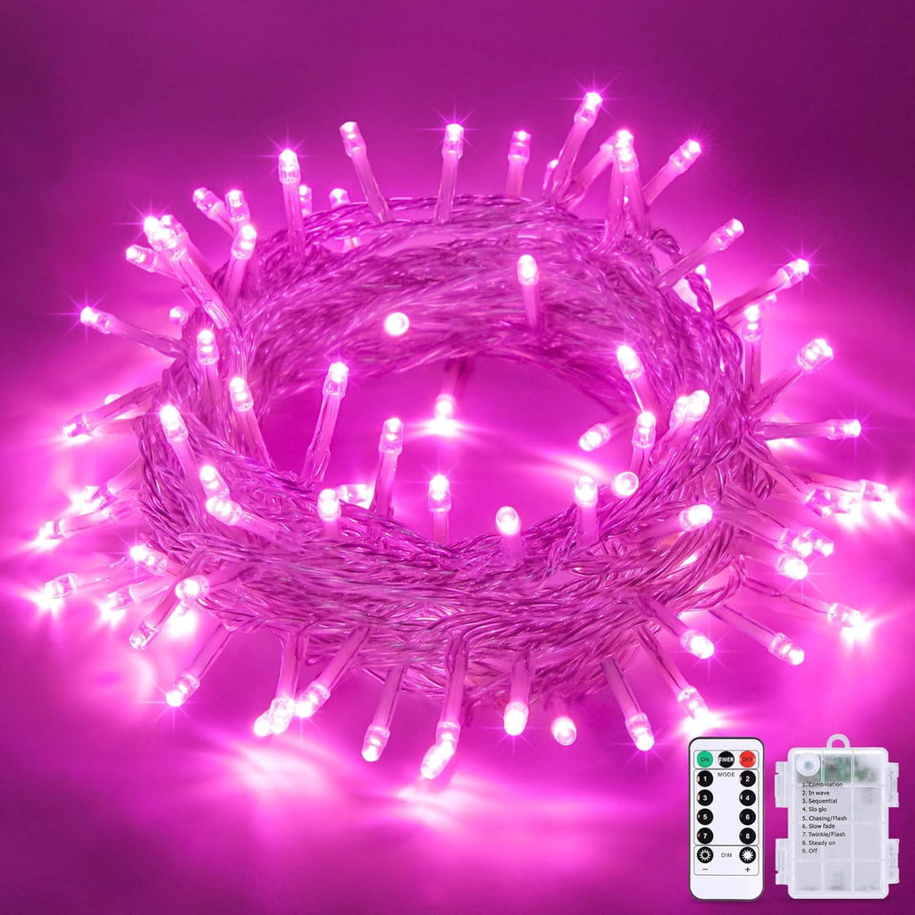 33ft 100 LED Pink Battery Lights for Bedroom, Pink Christmas String Lights with 8 Modes Remote Indoor Outdoor, Fairy Twinkle Lights for Room Party Tree Valentine