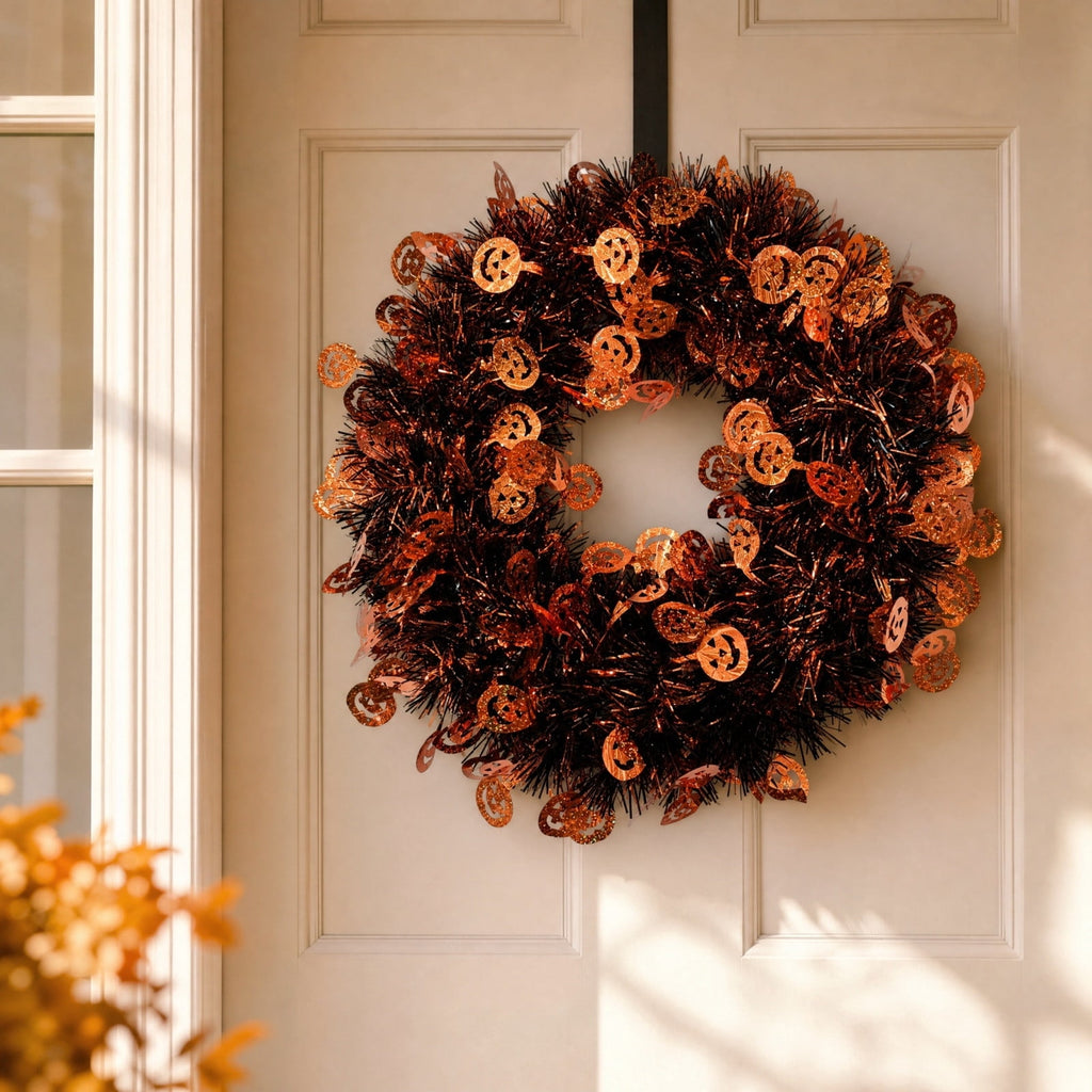 sruoe Halloween Glitter Foil Pumpkin Tinsel Wreath, Halloween Decorations Indoor, Sparkling Front Door Decor for Porch, Party Background, Wall Arrangement