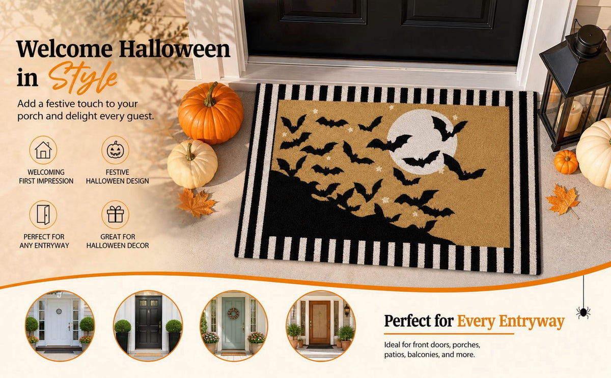 Dpityserensio Halloween Doormat Black Bat and Moon with Striped Border Non-Slip Washable Indoor Outdoor Rug, Vintage Fall Decor