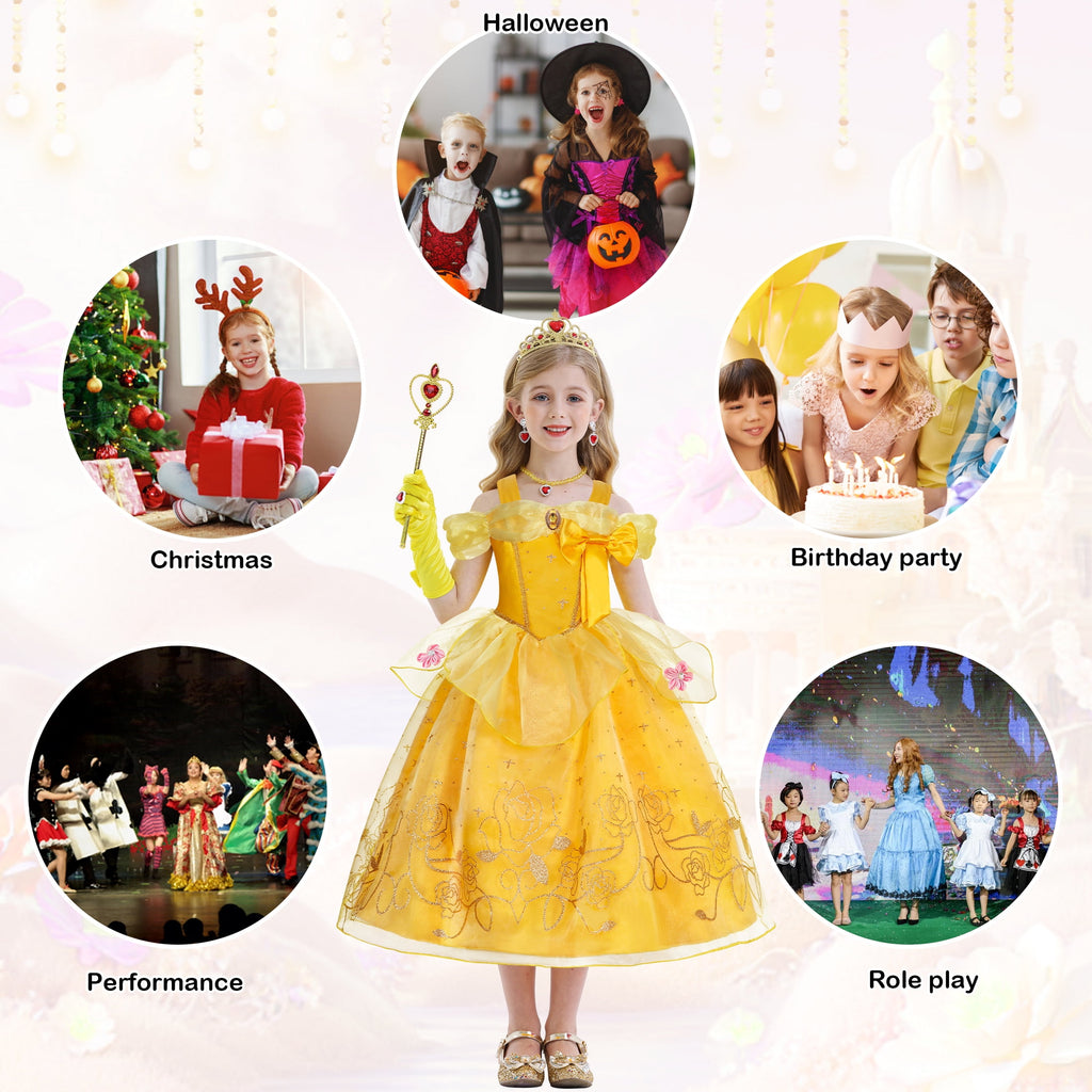 Jurebecia Princess Dress for Girls Costume Kids Off Shoulder Layered Toddler Halloween Cosplay Birthday Party Outfit up Yellow 120 cm 5-6 Years