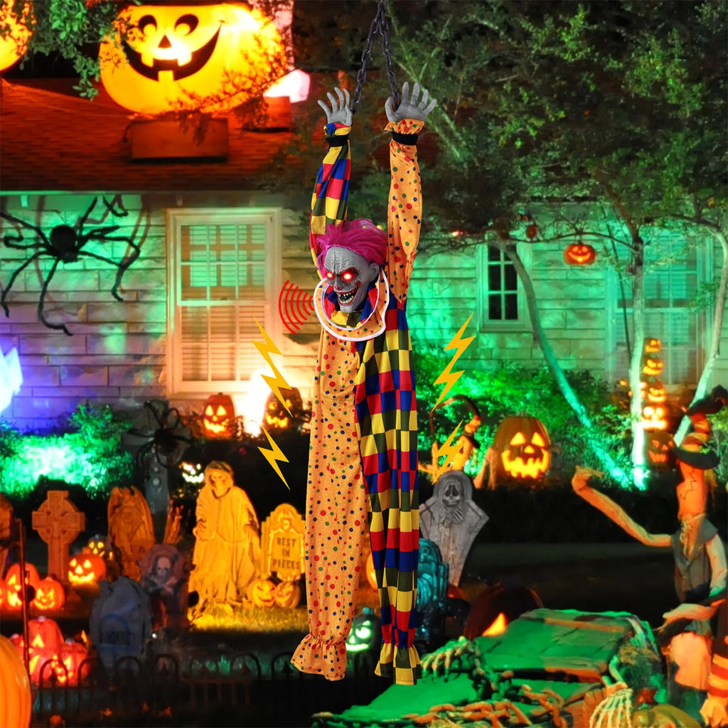 5.6 Ft Halloween Hanging Animated Talking Shaking Scary Clown with Chain Light Up Red Eyes Sound Touch Activated