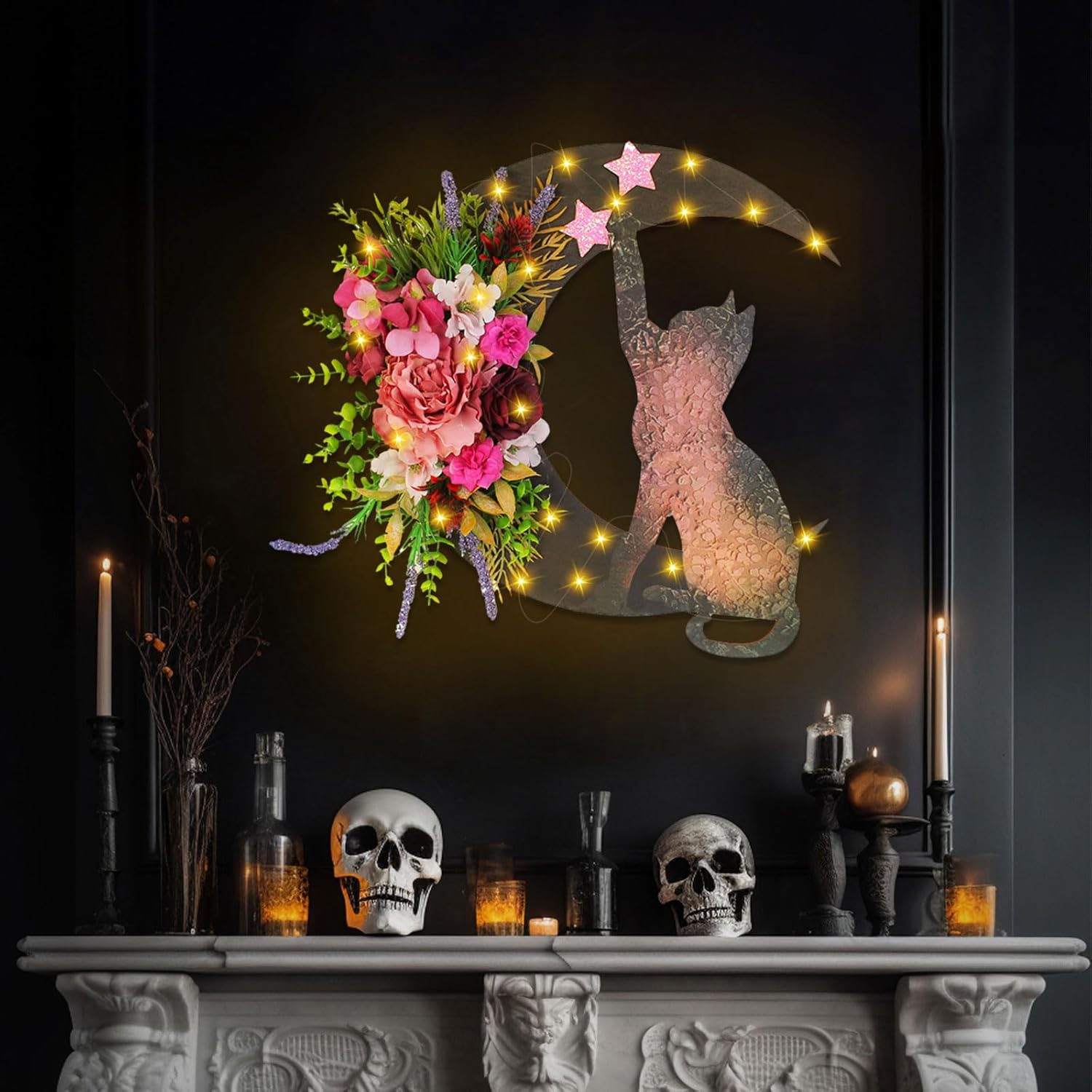 Halloween Wreaths For Front Door, Flower Moon Cat Halloween Home Decoration, Halloween Family Gathering Decoration Wreath，Outdoor, Wall, Closet, Fence, Wreath Halloween (Pink roses)