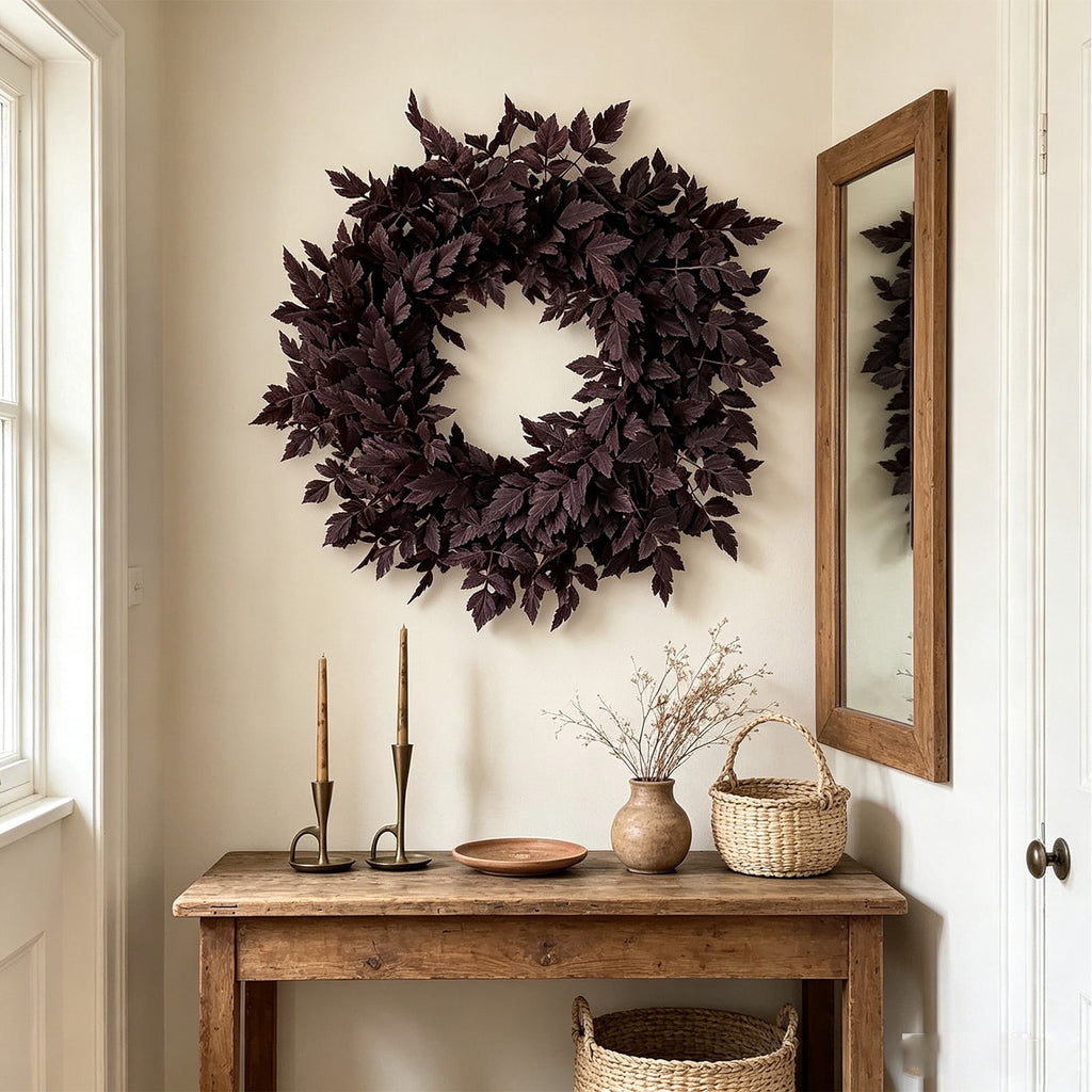 23.6" Dark Purple Artificial Cimicifuga Leaf Wreath, Fall Burgundy Foliage Front Door Wreath, Minimalist Halloween Autumn Wreath for Wall Porch Home Farmhouse Decor