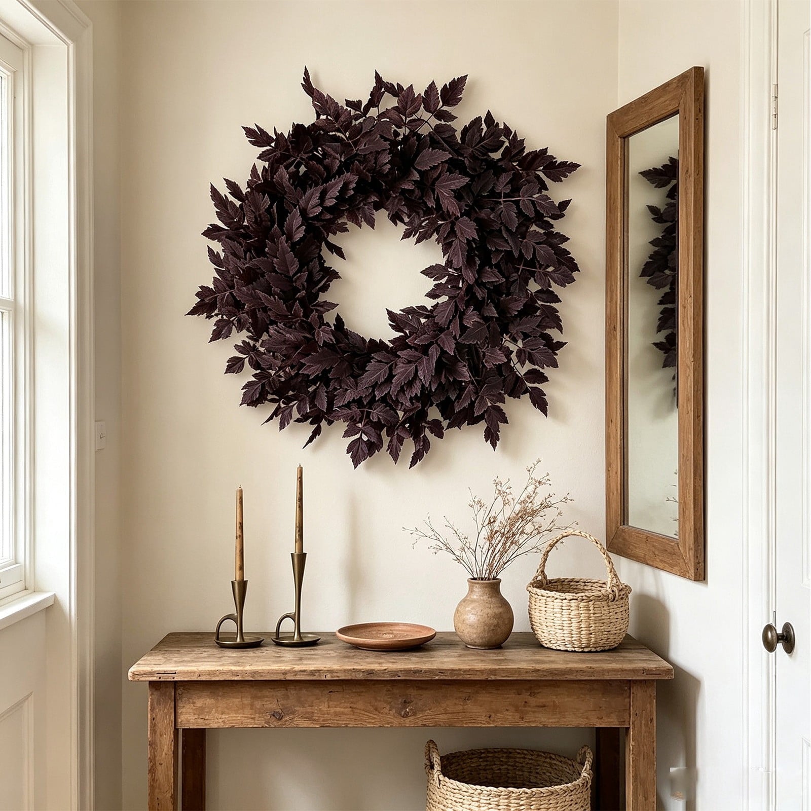 23.6" Dark Purple Artificial Cimicifuga Leaf Wreath, Fall Burgundy Foliage Front Door Wreath, Minimalist Halloween Autumn Wreath for Wall Porch Home Farmhouse Decor