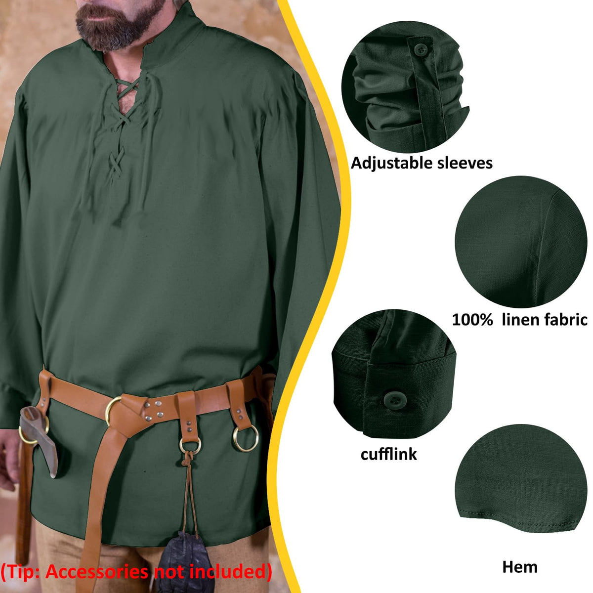 ATTBEA Mens Pirate Renaissance Costume Pirate Shirt Long Sleeves Medieval Viking Gothic Celtic Pirate Vest for Unisex Halloween Costume