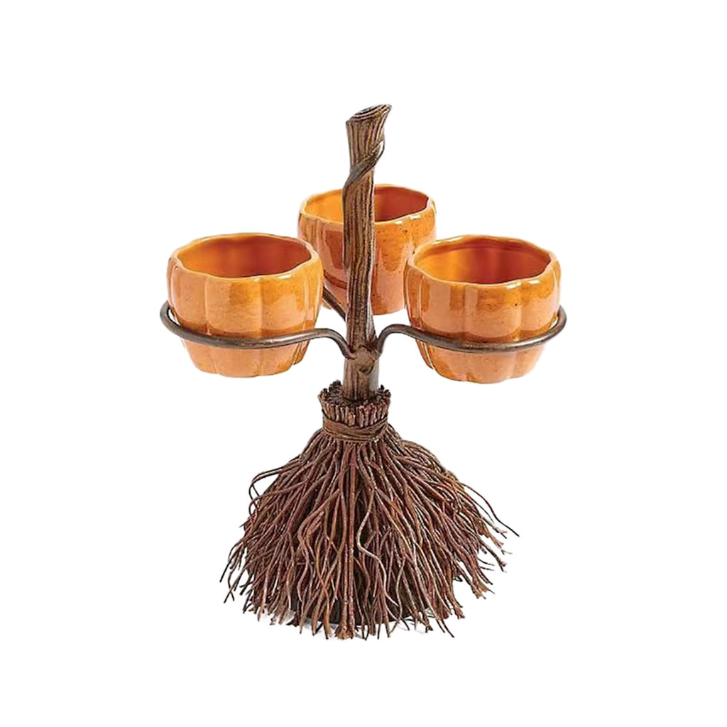 Diceymbol Halloween Pumpkin Snack Bowl Stand Collapsible Broomstick Candy Tray for Cupcakes & Desserts, Resin Serving Platter with Ceramic Pumpkin Bowls