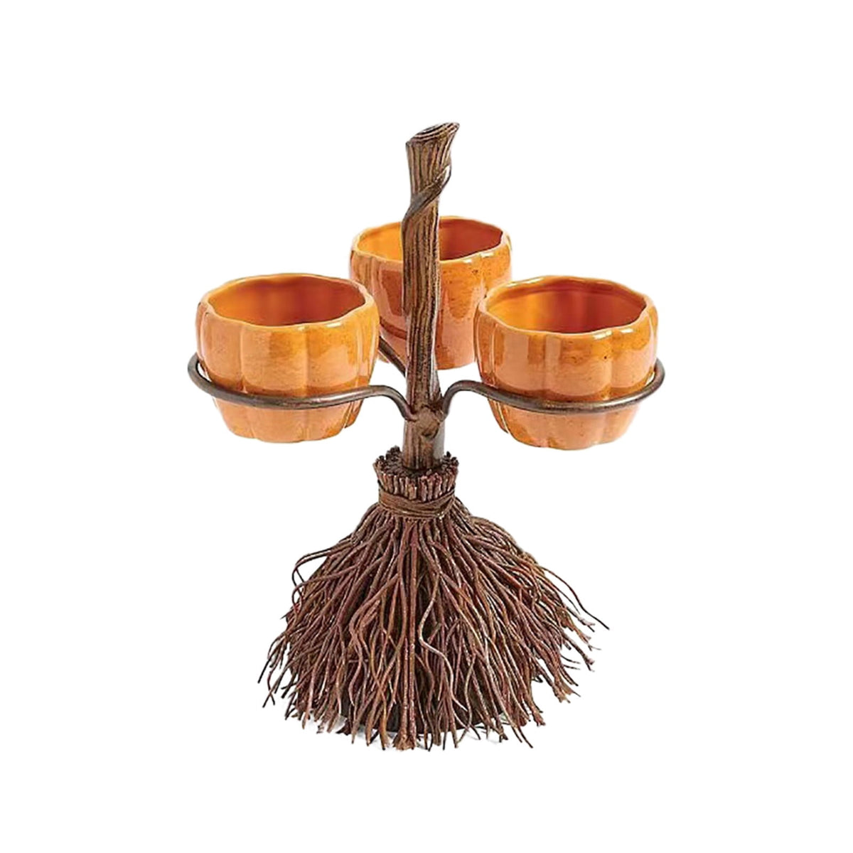 Diceymbol Halloween Pumpkin Snack Bowl Stand Collapsible Broomstick Candy Tray for Cupcakes & Desserts, Resin Serving Platter with Ceramic Pumpkin Bowls