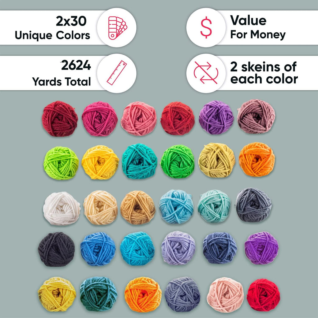 Craftiss Acrylic Yarn for Crochet - 30*0.7 Oz Skeins Unique Colors - Bulk Yarn Kit - 1300 Yards - Perfect for Any Mini Project