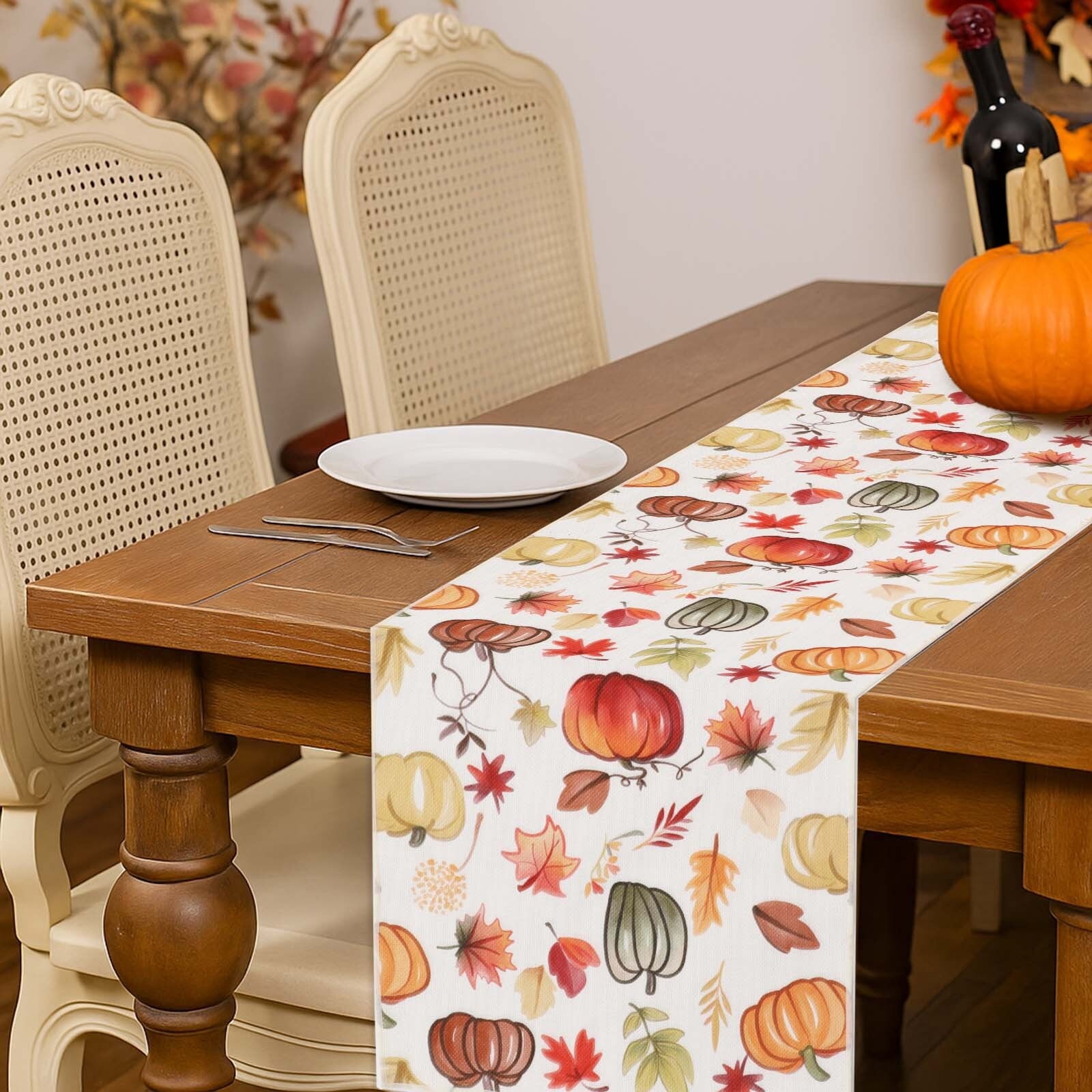 OVZME Joyce Fall Leaves Table Runner for Kitchen Dining Table, Thanksgiving Autumn Printed Harvest Pumpkins Maple Leaves for Halloween Holiday Home Decorations, Water-Proof, Washable, 13" W x 90" L