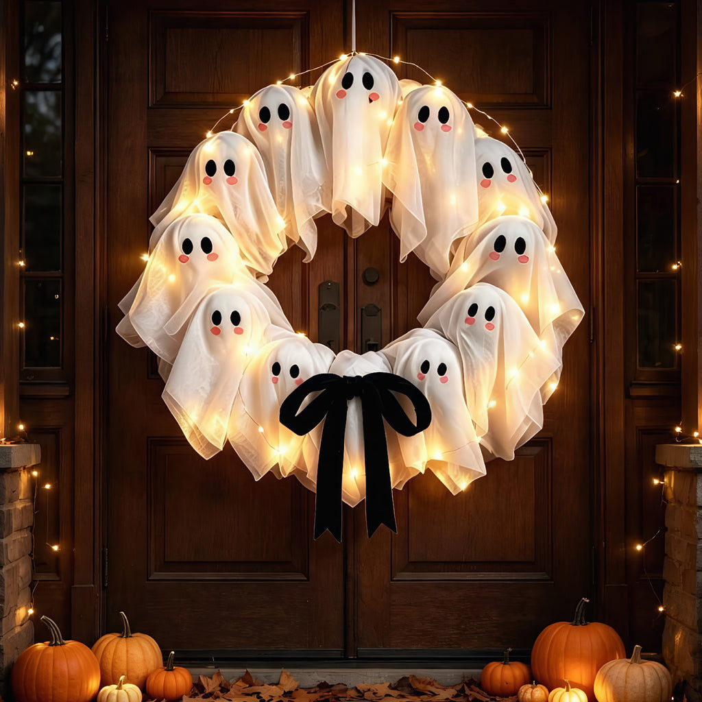 Halloween Glowing Ghost Wreath, Light-up Spooky Wreath with 12 Ghost Decor, RC, 6H Timer, Ideal for Halloween Party (A 12x3inch)