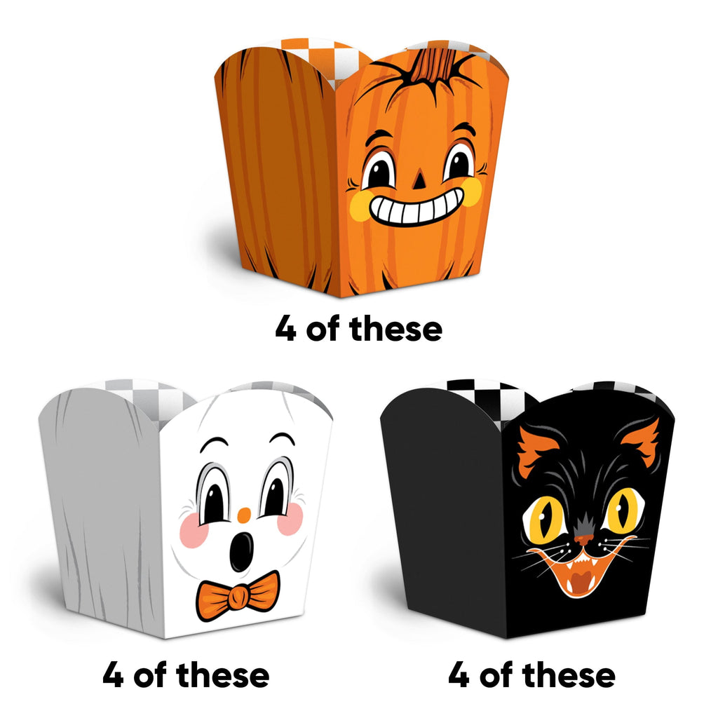 Big Dot of Happiness Vintage Halloween Treat Boxes, Small Halloween Party Favor Holders, Disposable Paper Containers for Desserts or Snacks - Set of 12