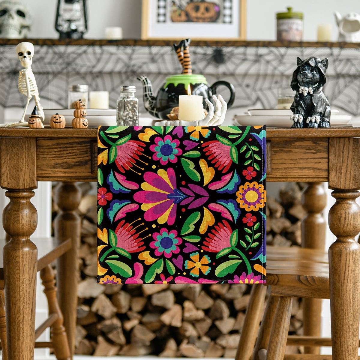 Sm:)e 13"x72" Black Floral Dia De Los Muertos Serape Table Runner, Polyester, Mexican Fiesta Design, Party Kitchen Dining Decoration