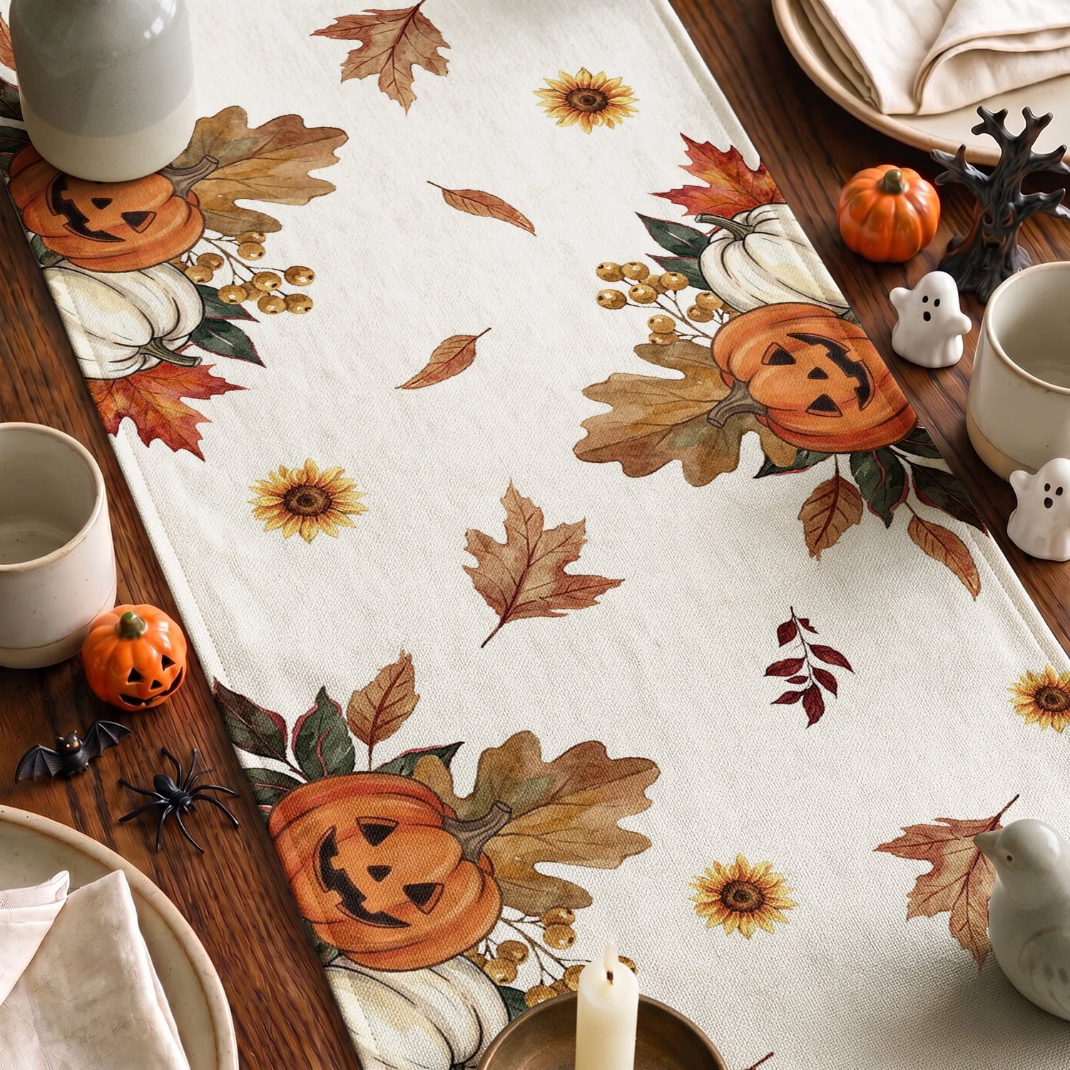 Sm:)e Halloween Table Runner Ghost Pumpkin 13x72 Inch, Halloween Party Kitchen Dining Indoor Outdoor Decorations,Orange