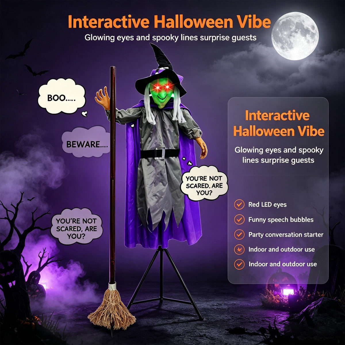 Halloween Flying Witch on Broom Decorations, 6 FT Animated Hovering Witch Animatronics Holding Sweeper Props with Scary Lights, House Decor for Outside Indoor Garden Yard Lawn