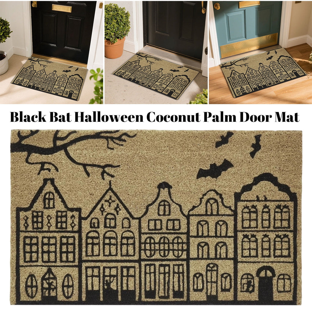 QLUEWX Halloween Haunted House Bat Coir Door Mat, 30×18" Non-Slip Natural Coconut Fiber Welcome Mat, Spooky Outdoor Entryway Rug for Front Porch Patio Decor Gifts for All Ages