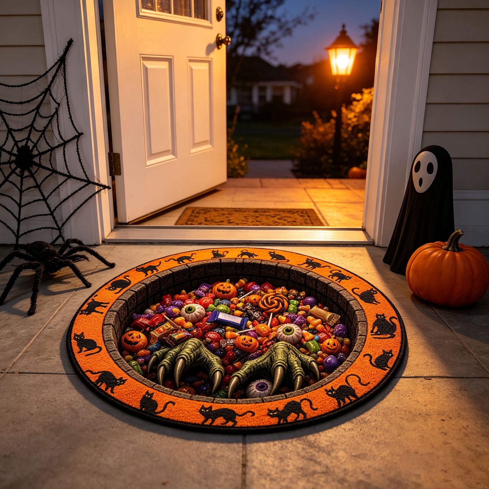 Halloween Round Rug Optical Ghost Pumpkin Mat 15.75in Diameter Polyester Skidproof & Soft for Entryway Bedroom Party by MPOISVA