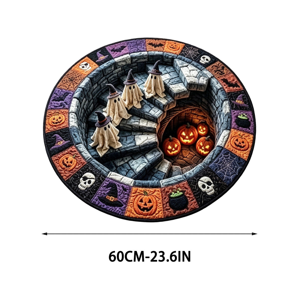 Halloween Round Rug 50cm Optical Illusion, Spooky Ghost Pumpkin Skull Mat, Non-Slip Entryway Bedroom Doormat for Home Party Floor Decor