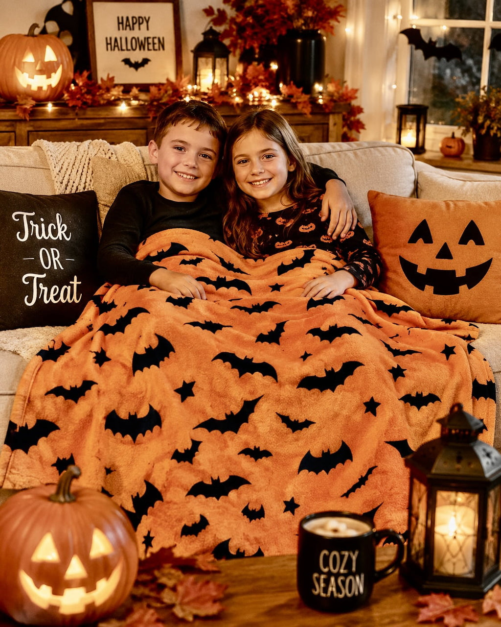 Serafina Home Halloween Throw Blanket: Fuzzy Boo! Jack O'Lantern Spider Webs Skull and Black Cats Print on Velvet Fleece for Sofa Bed Couch Chair Dorm