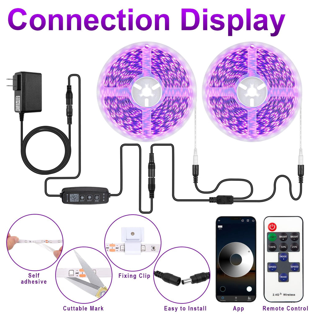 Gliztech 100FT Black Light Led Strip App Control, Black Light for Glow Party with Remote, Self Adhesive UV Light Strip for Halloween Decor, 24V