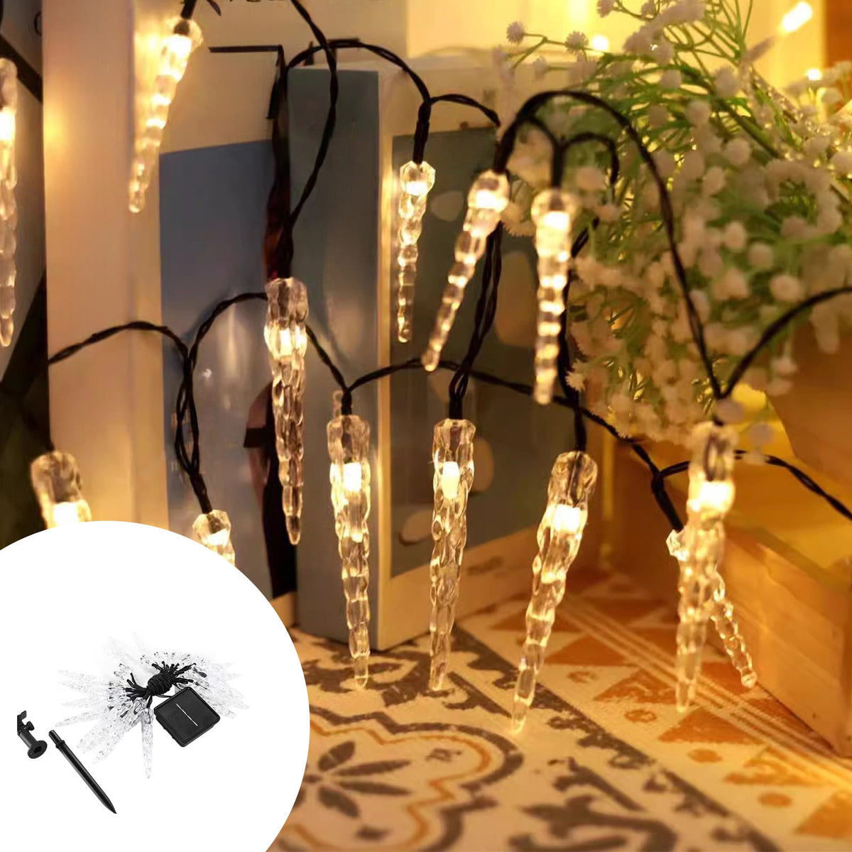 SCNOR Christmas Solar Icicle Lights 21ft 30 LED, Dusk to Dawn Outdoor Indoor Waterproof, Auto On/Off Holiday Decor