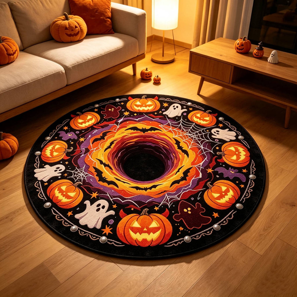Halloween Round Rug Optical Ghost Pumpkin Mat 15.75in Diameter Polyester Skidproof & Soft for Entryway Bedroom Party by MPOISVA