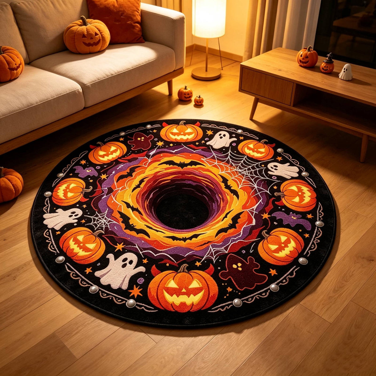 Halloween Round Rug Optical Ghost Pumpkin Mat 15.75in Diameter Polyester Skidproof & Soft for Entryway Bedroom Party by MPOISVA