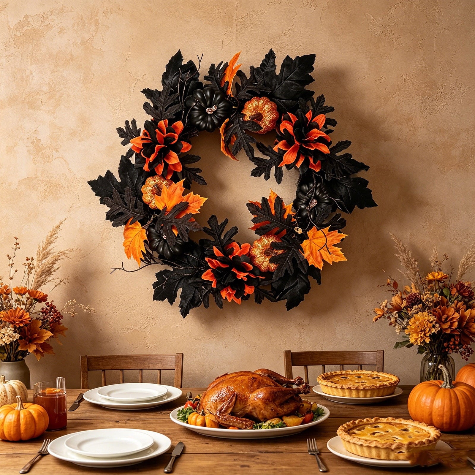 18 Inch Black Orange Pumpkin Peony Halloween Wreath, Artificial Maple Leaf Front Door Wreath, Weatherproof Fall Harvest Ornament for Indoor Outdoor Halloween Decorations Thanksgiving Porch Wall Decor