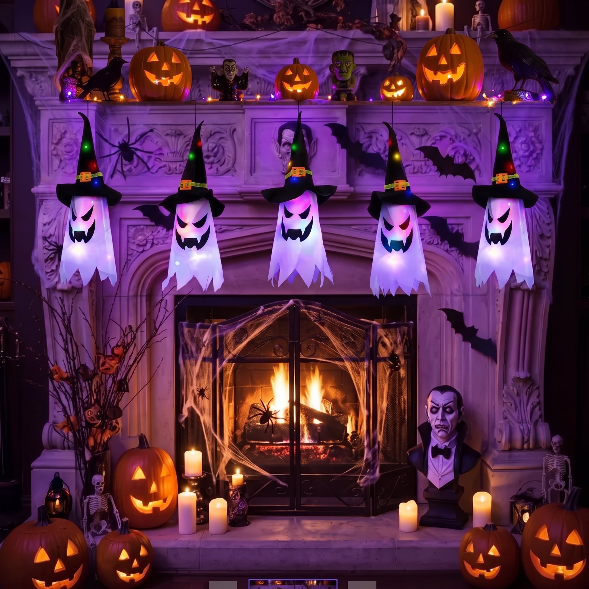 Scidweet Halloween Decorations Indoor Outdoor, 5 Pcs Halloween Lights Glowing Ghost Witch Hat Ornaments Gifts for Home Garden Yard