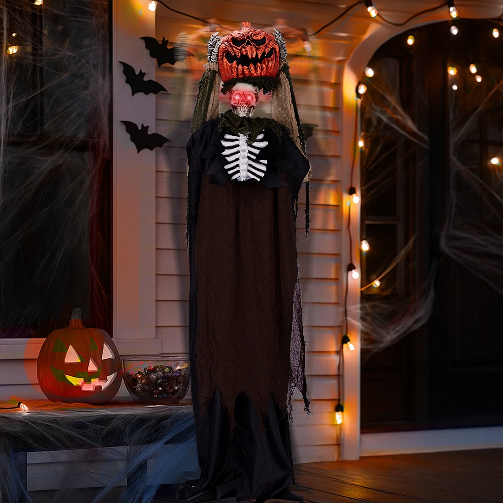 UBesGoo 6' Ghost with The Pumpkin Head Halloween Animated Animatronic Decoration, Halloween Pumpkin Skeleton Outdoors