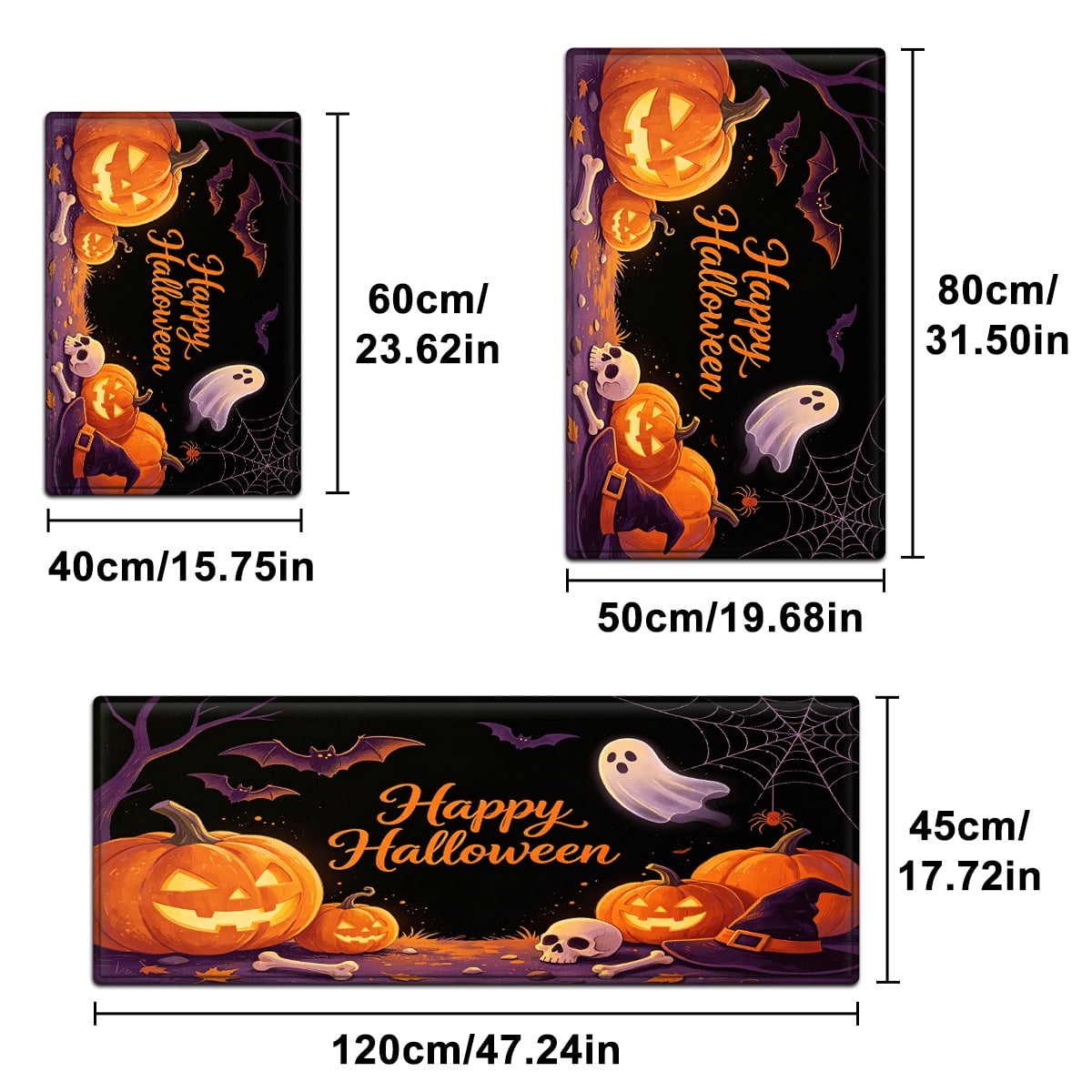YIMEIS Halloween Pumpkin Lantern 3Pcs Flannel Mat & Kitchen Rugs Set,16''×24'' 20''×30'' 17''×47'' Inches,Soft Non-slip for Home Bathroom