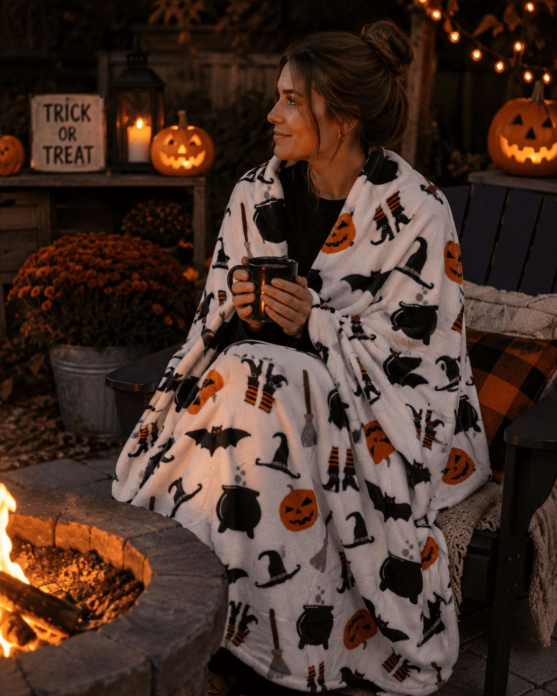 Serafina Home Halloween Throw Blanket: Fuzzy Boo! Jack O'Lantern Spider Webs Skull and Black Cats Print on Velvet Fleece for Sofa Bed Couch Chair Dorm