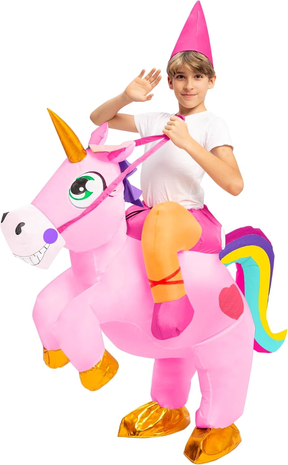Joyfy Halloween Inflatable Unicorn Costume for Kids, Full Body Blow Up Ride on Unicorn Costume with Hood for Halloween Dress Up Party