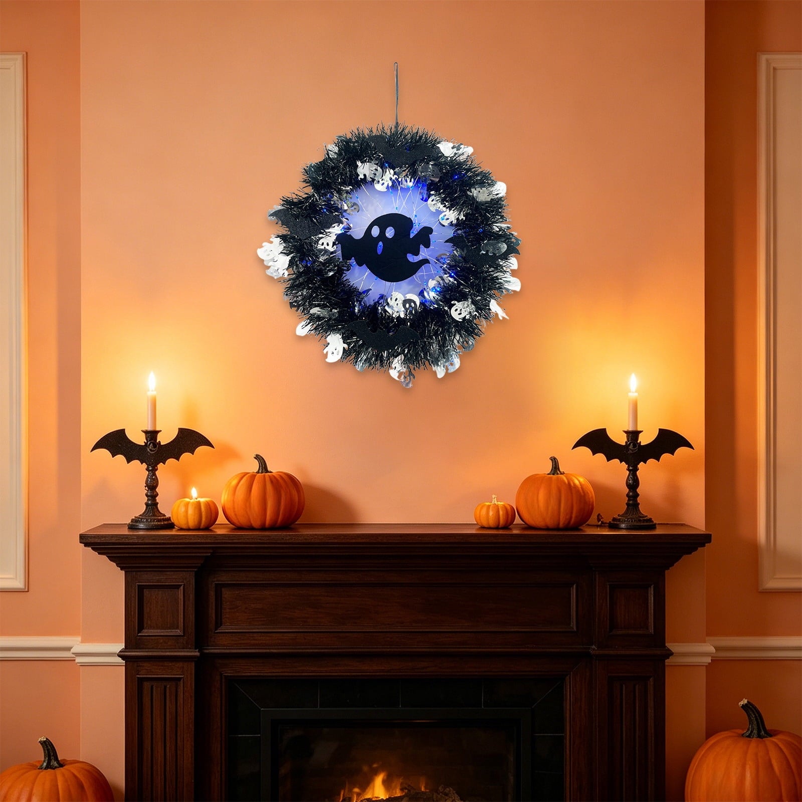 Boovnll Halloween Wreath, 18" Horror & Novelty Handmade Black Twig Glitter Bats Halloween Wreaths for Front Door Fireplace Wall Porch Party Decor, Halloween Decorations