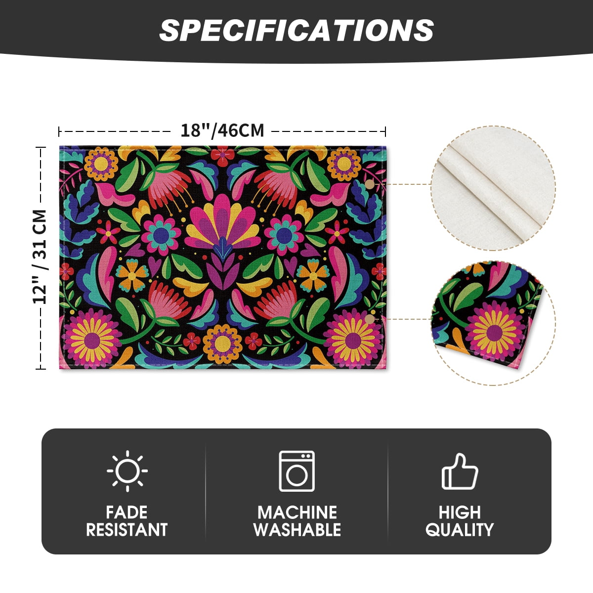 Sm:)e 13"x72" Black Floral Dia De Los Muertos Serape Table Runner, Polyester, Mexican Fiesta Design, Party Kitchen Dining Decoration